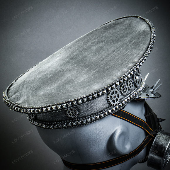 Metallic Silver Steampunk Captain Cap w/ Silver Party Gas mask Halloween Costume